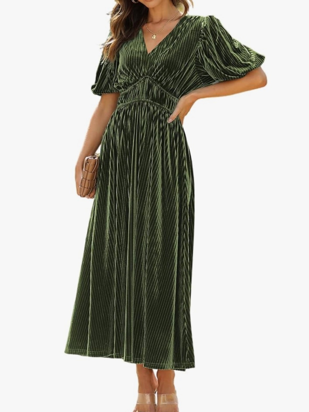 Women's Olive Green Velvet Maxi Dress with V-Neck